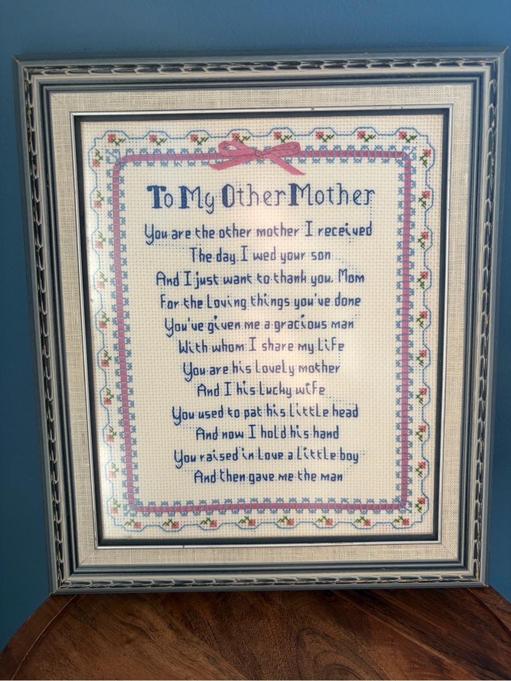 Professionally Framed Blue Cross-Stitch Sentiment Plaque - To My Other Mother